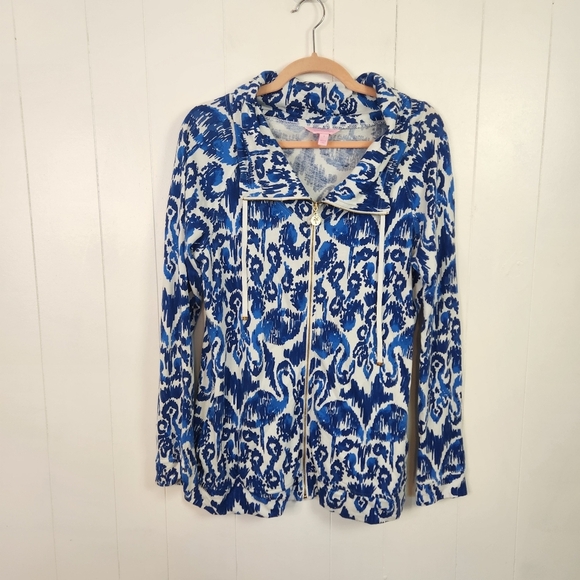 Lilly Pulitzer Angela Zip-Up Jacket Blue White Pockets Flamingos Size Small - Picture 2 of 12